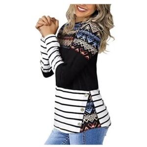 Womens Button Side Shirt V Neck Colorful Striped Pullover Long Sleeve Size Small